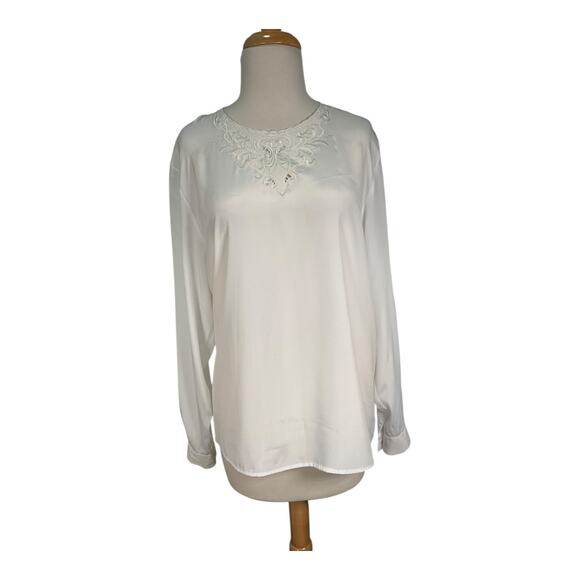 K.B. Lawrence Womens Blouse Silk Like Embroidery Neckline Light Weight Size 10 - Picture 1 of 11
